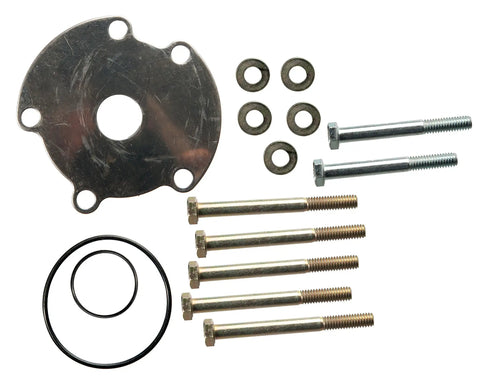 Marine Water Pump Kit 18 3150 With New One Piece Plastic Housing Impeller Stainless Steel Plate O Rings And Bolts Complete Replacement For Medium Size Boats And Outboards, components laid out including stainless steel plate, O rings, and bolts.