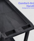 Top view of the Three Tier Rolling Utility Cart With Locking Wheels Heavy Duty Cart Supports 300 Lbs Ideal For Garage Kitchen And Office Storage Durable Plastic Shelves Black 32 By 18 Inches showing comfort-grip handle.
