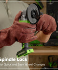 Man handling Pro Grade 24V Brushless grinder from 10 Piece Cordless Tool Kit with brown gloves.