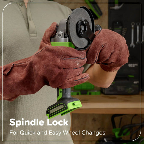 Man handling Pro Grade 24V Brushless grinder from 10 Piece Cordless Tool Kit with brown gloves.