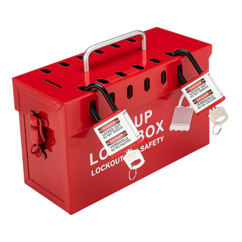 USA Made Portable Steel Group Lockout Tagout Box for Lockouts and Keys, Durable Lock Box Holds Up to 13 Padlocks, 10 By 6 By 4 Inch, Red