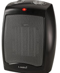Compact Ceramic Space Heater CD09250 with Adjustable Thermostat on tabletop showcasing black design and control knobs.