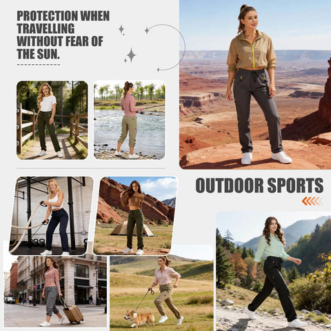 Women wearing Women's Hiking Cargo Pants With Quick Dry Fabric And UPF 50 Protection in various outdoor settings.