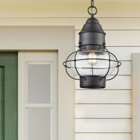 Onion Outdoor Pendant Light With One Bulb, Oil Rubbed Bronze Finish, Clear Seeded Glass Globe, Exterior Porch Ceiling Fixture