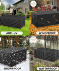 Outdoor Furniture Covers Waterproof Heavy Duty 420D Oxford Table Chair Sofa Desk Cover for All Weather Protection UV Resistant And Dust Rain Snow Proof Black 108 L X 82 W X 28 H showing anti-UV, windproof, snowproof, and waterproof features in different weather conditions