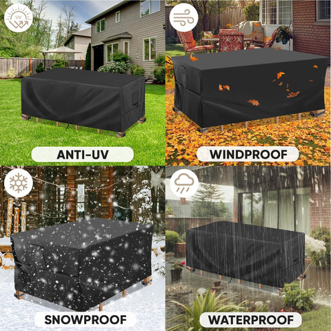 Outdoor Furniture Covers Waterproof Heavy Duty 420D Oxford Table Chair Sofa Desk Cover for All Weather Protection UV Resistant And Dust Rain Snow Proof Black 108 L X 82 W X 28 H showing anti-UV, windproof, snowproof, and waterproof features in different weather conditions