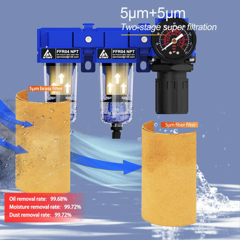 Go To Half Inch NPT Air Dryer System with Filter Dryer for Air Compressors showing filter cartridges and two-stage filtration.