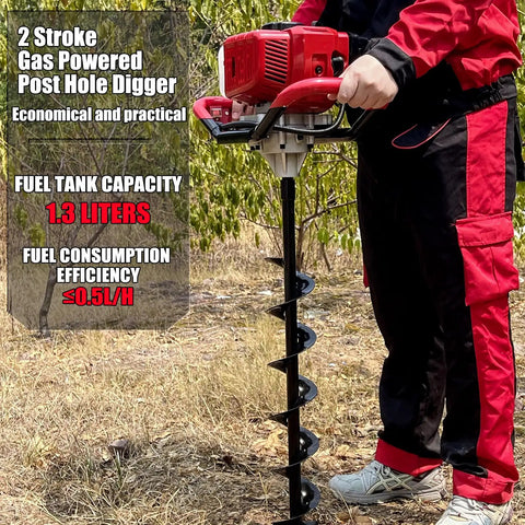 Man using Beast Of A 52cc Gas Powered Post Hole Digger Earth Auger with red handles and spiral bit on grassy terrain.