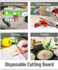 EZ Board Disposable Plastic Cutting Board For Quick Cleanup And Easy Food Prep On The Go shown in four uses
