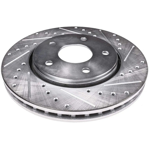 Heavy Duty Front Disc Brake Rotors For Chevrolet Cruze And Bolt Ev Electric Models Featuring Drilled Slotted Grooves close-up view with drilled patterns