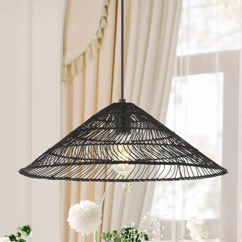 Black 1 Light Farmhouse Coastal LED Pendant With Rattan Cone Shade For Kitchen Island, Dining Room Or Bedroom, 20.25 Inch Height