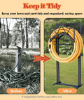 Comparison of garden with heavy duty outdoor garden hose holder with 5 spikes and basket, tidy vs. untidy hose state