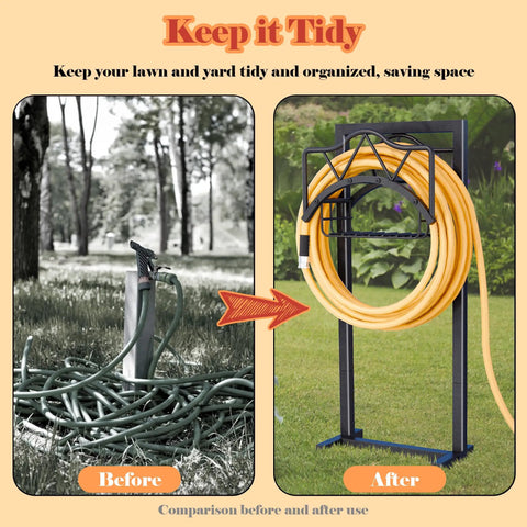 Comparison of garden with heavy duty outdoor garden hose holder with 5 spikes and basket, tidy vs. untidy hose state