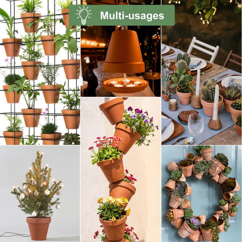 Collage of 6 Inch Terracotta Clay Pots With Saucers Pack Of Four For Indoor And Outdoor Home Gardens With Drainage Holes And Tray.