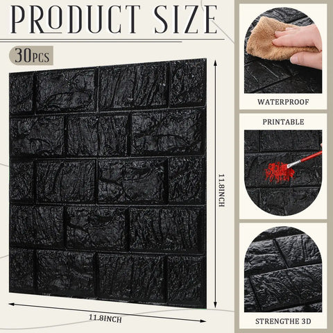 Sleek Black 3D Wall Panels Peel And Stick Foam Brick Wallpaper Tiles Self Adhesive DIY Home Decor. 30pcs of 11.8-inch black foam tiles.