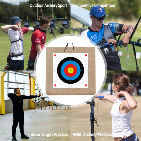 Archery Target Paper Pack Pro Grade For Practice Sesh And Hunting with 16x16 Inch Target Faces, displayed in various archery settings.