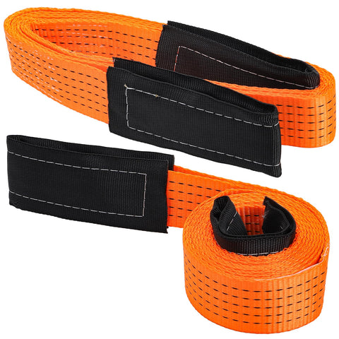 Two Pack 2 Inch By 10 Foot Heavy Duty Lifting Slings Nylon Web Slings 15,000 Lb Capacity Double Ply Winch Straps For Hoist Rigging Towing Moving Tree Saver Recovery Orange, coiled and uncoiled.