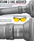 V2 Black Light UV Flashlight With High Definition Beam And Flood Effect 385-395nm Ultraviolet Torch, close-up view with glasses