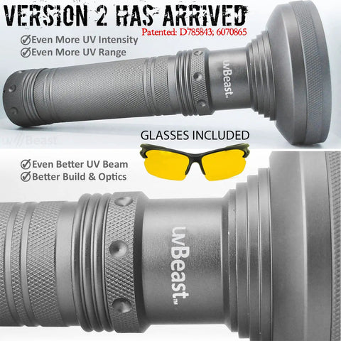 V2 Black Light UV Flashlight With High Definition Beam And Flood Effect 385-395nm Ultraviolet Torch, close-up view with glasses