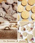 Christmas Themed Embossed Rolling Pin For Baking Cookies With Snowflake And Snowman Designs Wooden Engraved Springerle Style Dough Roller For Patterned Clay Pottery And Ceramic Projects Super Fun For Home Bakers And Kids, shown with decorated cookies and clay crafts