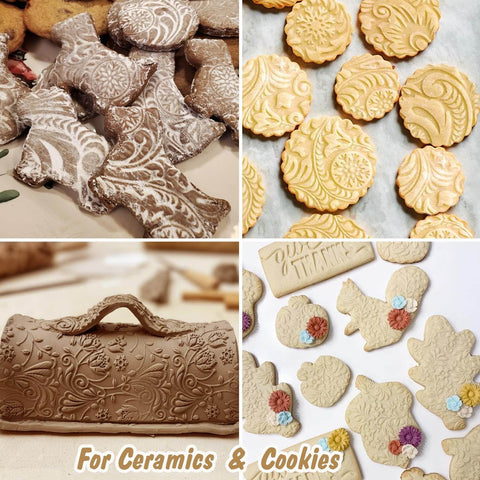 Christmas Themed Embossed Rolling Pin For Baking Cookies With Snowflake And Snowman Designs Wooden Engraved Springerle Style Dough Roller For Patterned Clay Pottery And Ceramic Projects Super Fun For Home Bakers And Kids, shown with decorated cookies and clay crafts