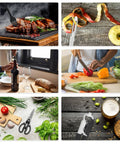 Camping Utensils Set With Storage Bag Portable Stainless Steel Cookware Gear For Outdoor Cooking Car Travel And RV Trips Includes Spatula Tongs Ladle Brush Peeler Meat Fork Skewers And Roasting Forks displayed in various cooking scenarios.