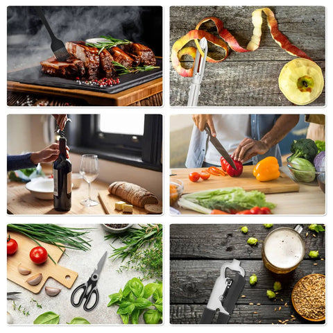 Camping Utensils Set With Storage Bag Portable Stainless Steel Cookware Gear For Outdoor Cooking Car Travel And RV Trips Includes Spatula Tongs Ladle Brush Peeler Meat Fork Skewers And Roasting Forks displayed in various cooking scenarios.