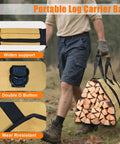 Portable log carrier bag in use with 30 Inch Firewood Rack With Log Carrier Bag Upgraded Taller Version 19.7 Inch Height Heavy Duty Steel Firewood Storage Holder For Indoor And Outdoor Fireplace Patio Backyard