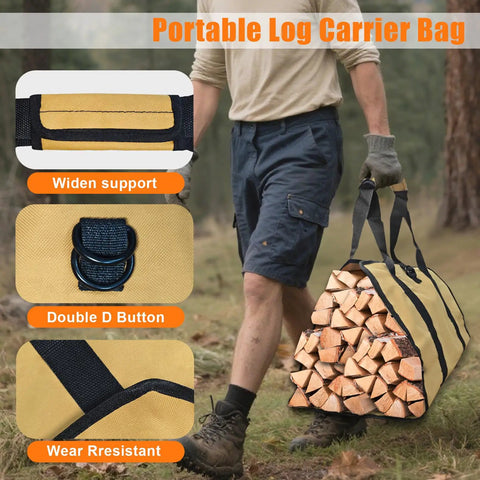 Portable log carrier bag in use with 30 Inch Firewood Rack With Log Carrier Bag Upgraded Taller Version 19.7 Inch Height Heavy Duty Steel Firewood Storage Holder For Indoor And Outdoor Fireplace Patio Backyard