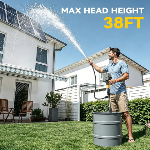 Man using Cordless 840 GPH Brushless Water Transfer Pump With Auto Shutoff 3 Speed Modes 38 Ft Lift Extendable Hose Kit IP68 Waterproof