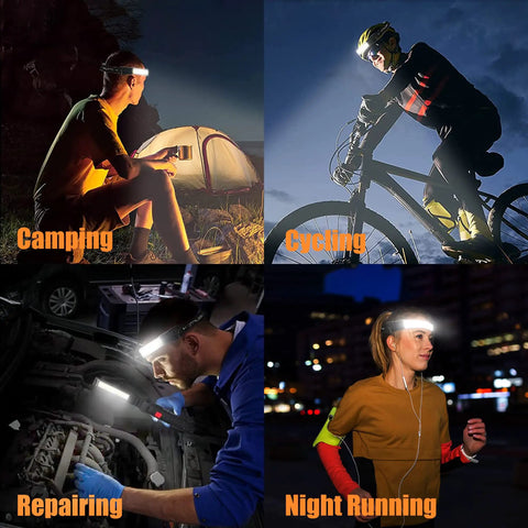 Beast 1200 Lumen Head Lamp With 230 Degree Wide Beam for cycling, running, hiking, and repair, shown in various activities.