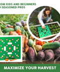 Color Coded Square Foot Garden Spacing Template With Dibber Seed Spoon Ruler And Planting Guide in vegetable garden.