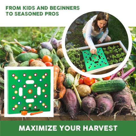 Color Coded Square Foot Garden Spacing Template With Dibber Seed Spoon Ruler And Planting Guide in vegetable garden.