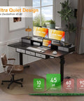Xin Yao 63 Inch Electric Standing Desk With Five Drawers Ergonomic Height Adjustable Sit Stand Computer Workstation Table showing dual monitors and a brown rolling chair.