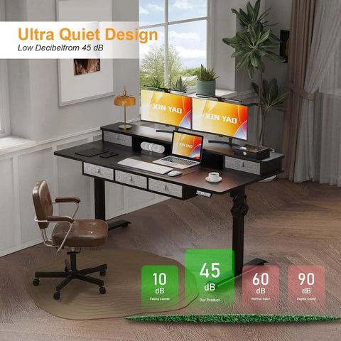 Xin Yao 63 Inch Electric Standing Desk With Five Drawers Ergonomic Height Adjustable Sit Stand Computer Workstation Table showing dual monitors and a brown rolling chair.
