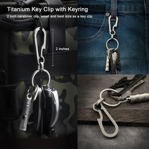 Image of Titanium Carabiner Keychain with Quick Release Clip, Heavy Duty Key Ring and Lightweight Titanium Alloy Clip for Keys and Accessories, Rustproof and Built to Last, Grey Finish attached to various accessories.