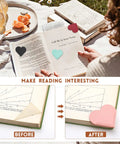 Genuine Leather Heart Page Corner Bookmarks For The Reading Crew Soft Grip Clips Totally Sweet Multi Color Set in use on a book.
