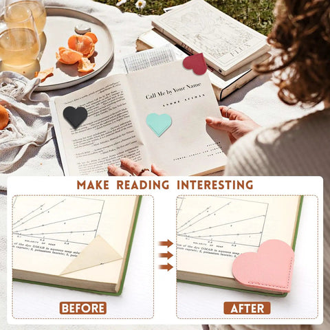 Genuine Leather Heart Page Corner Bookmarks For The Reading Crew Soft Grip Clips Totally Sweet Multi Color Set in use on a book.