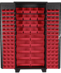 Heavy Duty Tool Storage Cabinet With Bin Mounts And 122 Red Bins Included, 36 Inch Wide By 24 Inch Deep By 78 Inch High, All Welded 14 Gauge Steel, Solid Doors And Full Louvers For Maximum Bin Capacity And Security