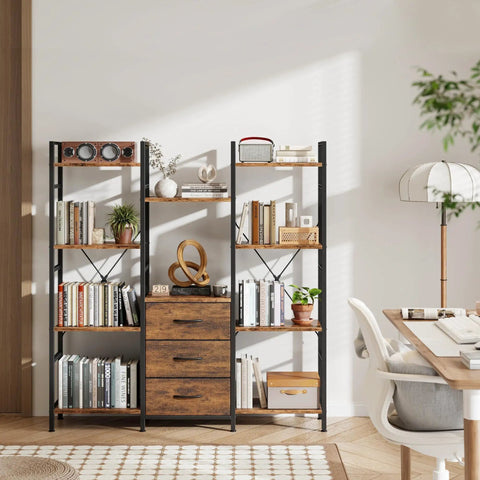 Industrial Rustic 47 Inch Wide Bookcase With Ten Display Shelves And Hidden Fabric Drawers in office setting, rustic brown.