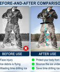 Before-and-after comparison of ice drilling with auger drill attachment for ice fishing gear with 7.8 inch stopper disc and 304 stainless steel anchor adapter fits 1/2 inch and up drill bits, durable cold weather accessory for quick safe ice drilling.