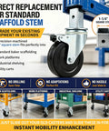 No Nonsense Heavy Duty Scaffolding Casters 5 Inch With Dual Lock Brakes 4 Pack showing 1-1/4" square stem fitment for easy upgrades.