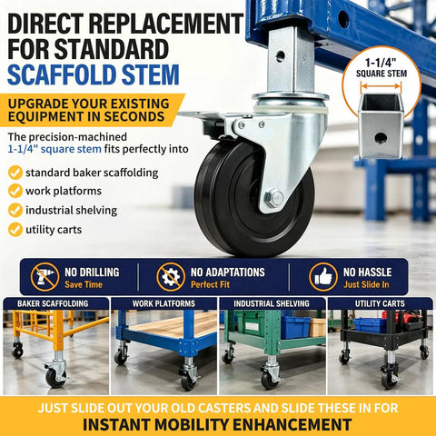 No Nonsense Heavy Duty Scaffolding Casters 5 Inch With Dual Lock Brakes 4 Pack showing 1-1/4" square stem fitment for easy upgrades.