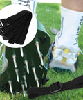 Lawn Aerator Shoes With Spikes 8 Pack Adjustable Garden Sandal Straps showing spikes on sole and straps on grass
