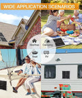 200W 12V Solar Panel Kit with 100A Charge Controller on rooftop, boat, RV, and camping picnic scene.