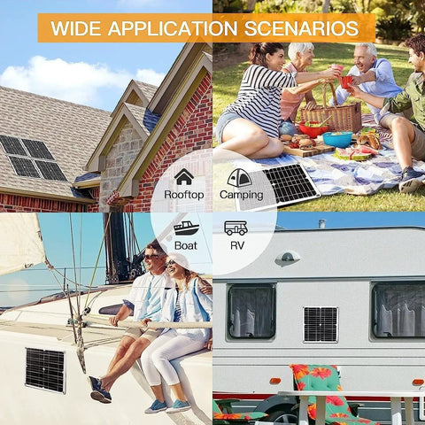 200W 12V Solar Panel Kit with 100A Charge Controller on rooftop, boat, RV, and camping picnic scene.