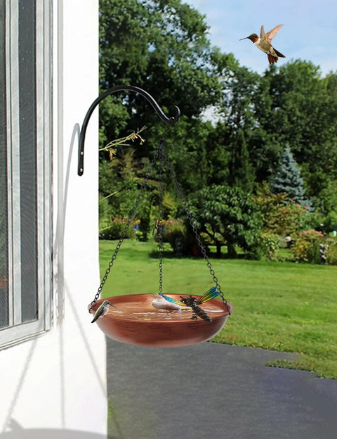 Outdoor Hanging Bird Bath And Feeder With Antique Copper Finish, 11 Inch Metal Bird Bath Bowl On Detachable Black Chain