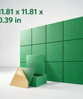 Peel And Stick Acoustic Wall Panels 12 Pack SoundProof Foam Tiles showing 11.81 x 11.81 x 0.39 in green tiles with adhesive backing.