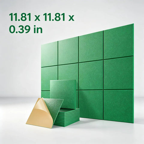 Peel And Stick Acoustic Wall Panels 12 Pack SoundProof Foam Tiles showing 11.81 x 11.81 x 0.39 in green tiles with adhesive backing.