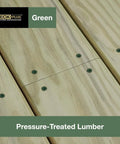 3-1/2 Inch Epoxy Coated Exterior Wood And Fence Screws installed in pressure-treated decking, green color